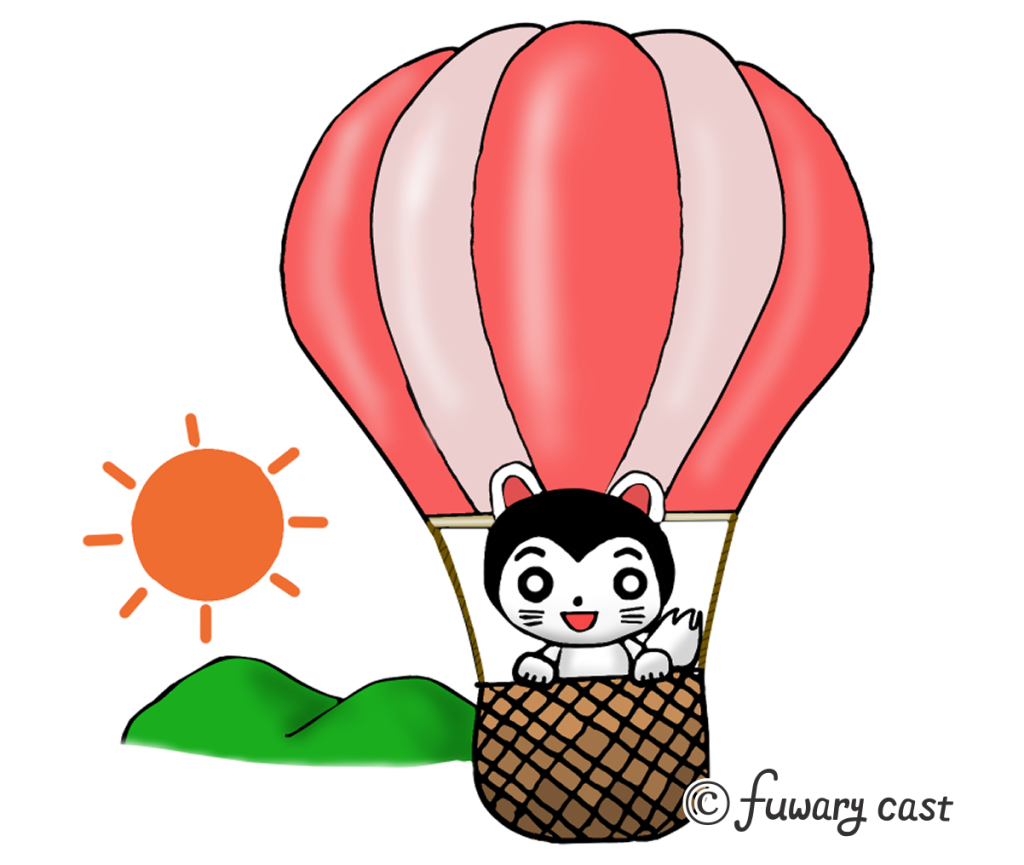 犬張子のこまが気球に乗っています