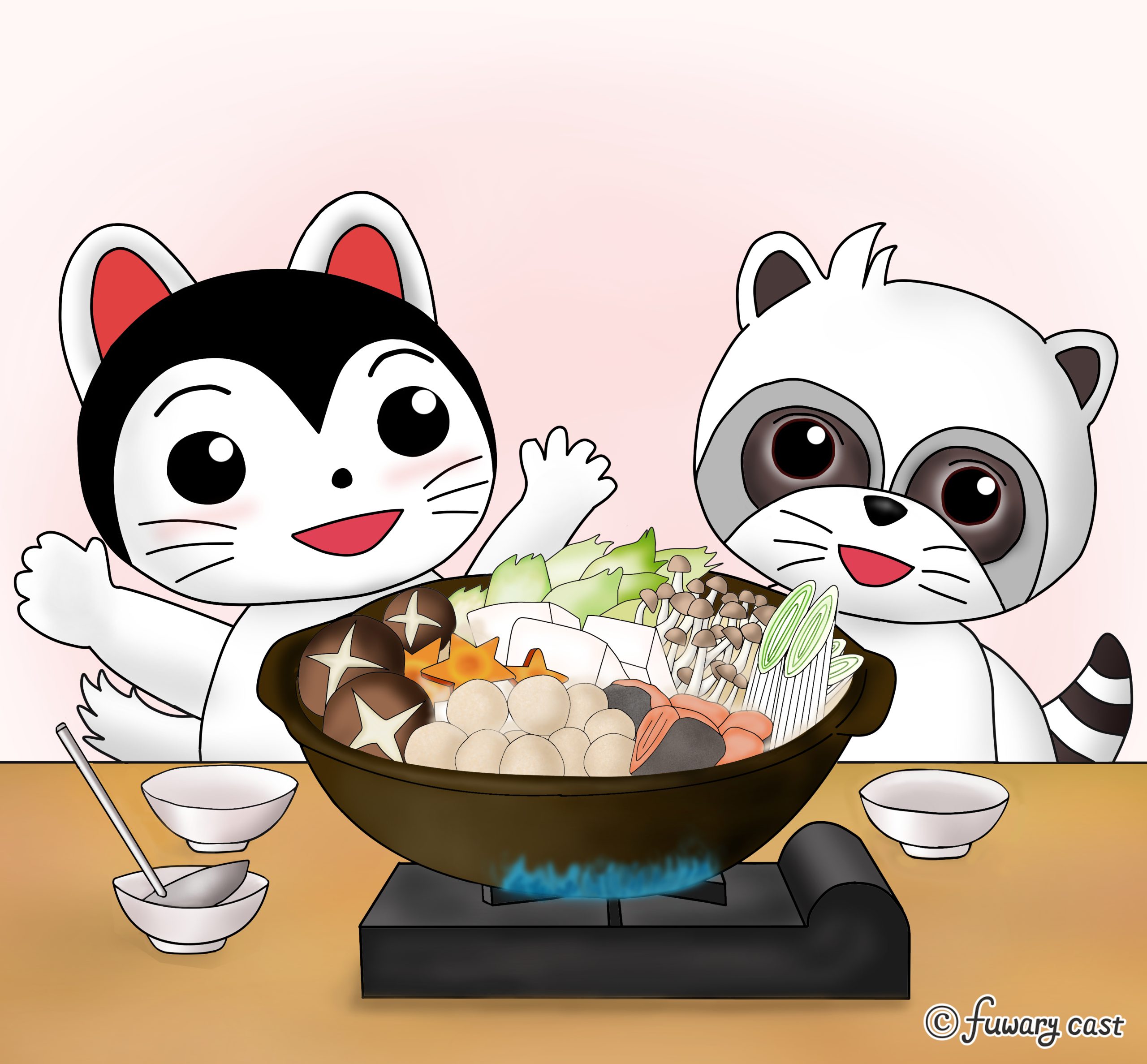 こまとたんたんが鍋を食べようとしているところです